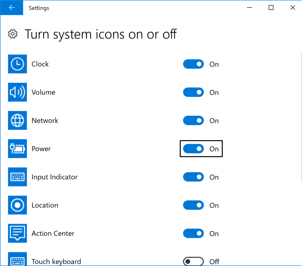 Show Power icon Windows 10
