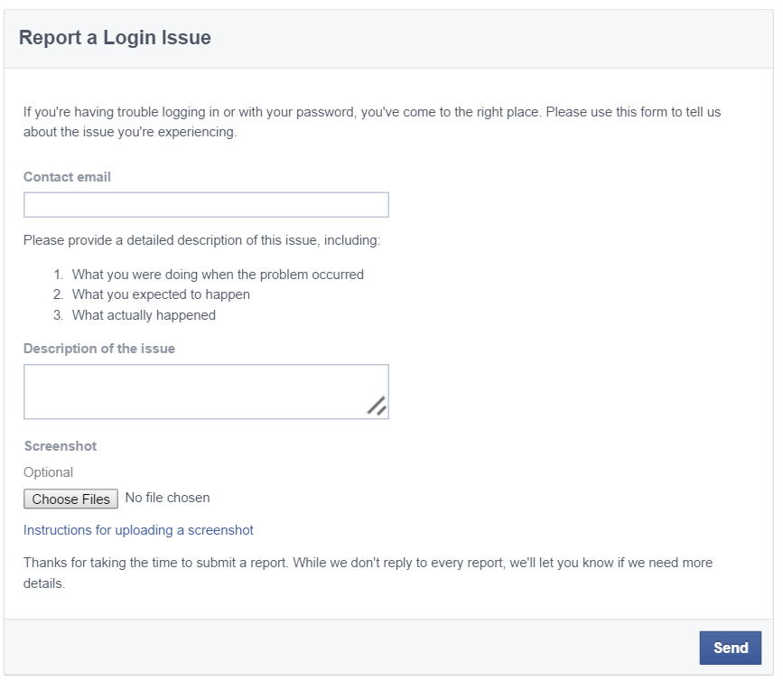 Facebook report a login issue