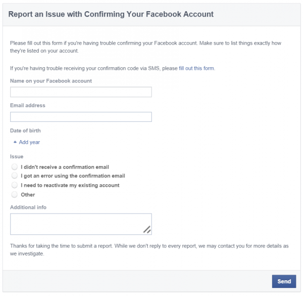 facebook report a login issue form